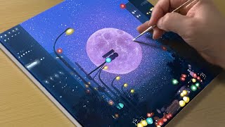 Full Moon Cityscape Painting / Acrylic Painting for Beginners