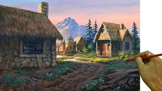 Acrylic Landscape Painting in Time-lapse / Old Village Houses / JMLisondra