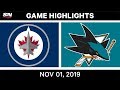 NHL Highlights | Jets vs Sharks – Nov. 1, 2019