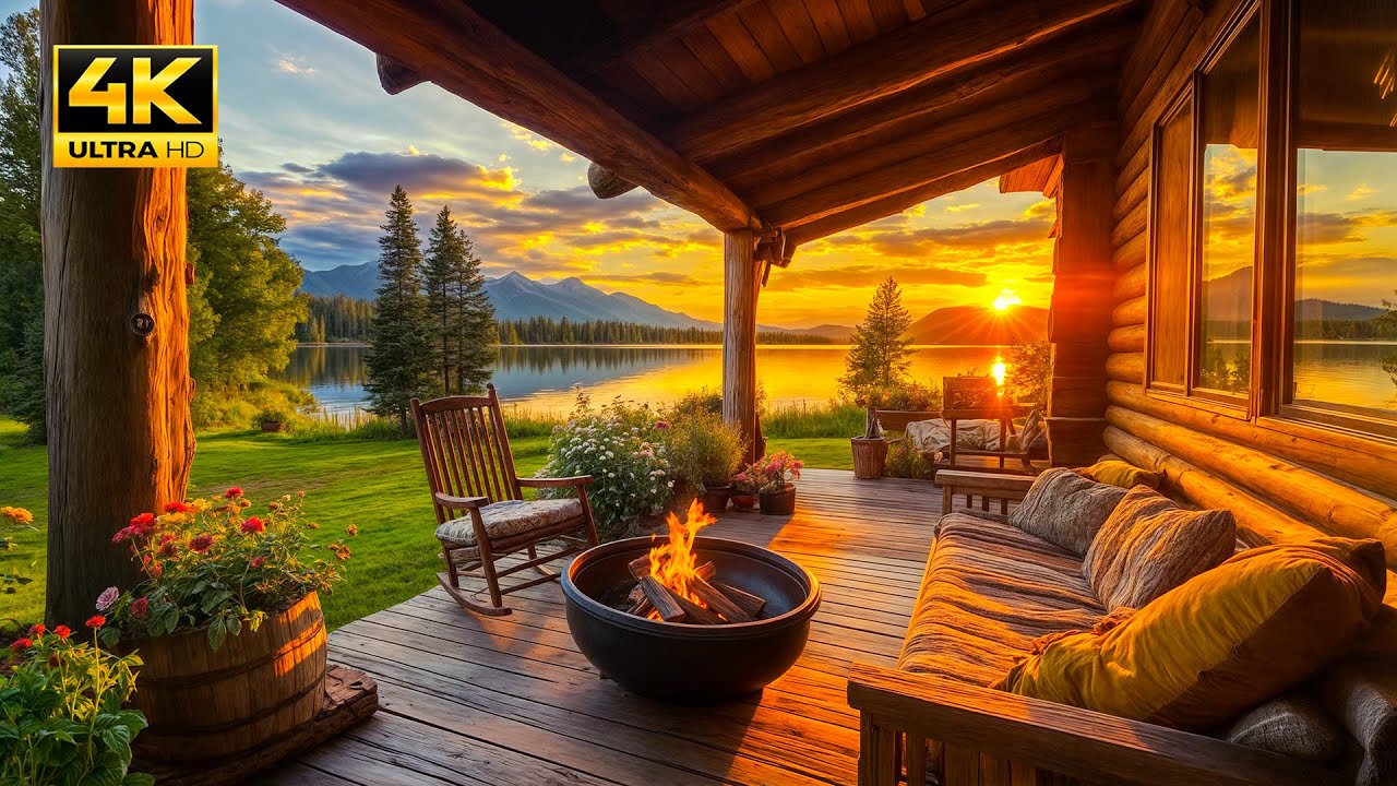 Spring Sunrise on a Cozy Porch by the Lake – Relaxing Campfire Ambience & Soothing Nature Sounds