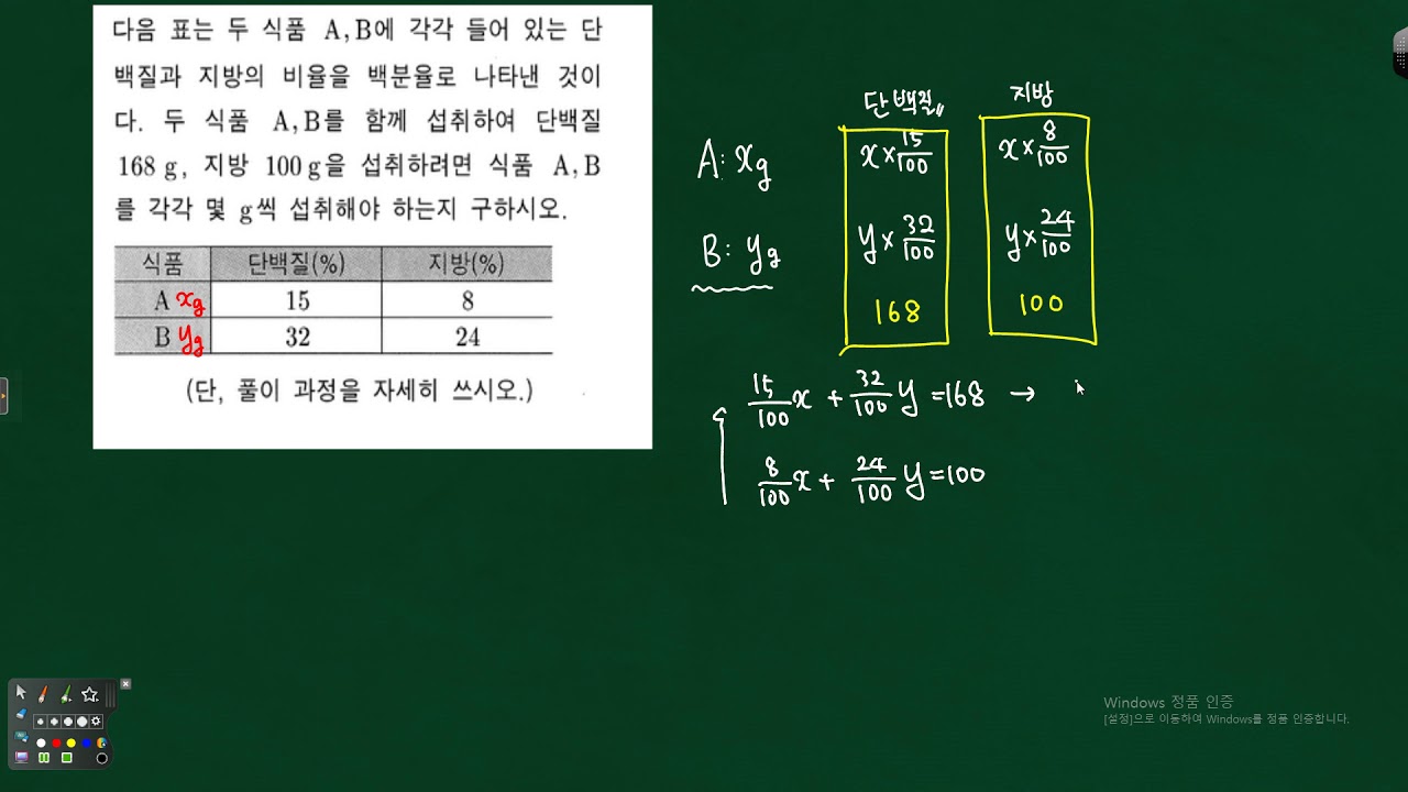 중2 연립방정식의 활용 - 두 식품 A,B를 섭취하여 단백질과 지방를 각각168과 100을 얻는 문제풀이 323479 - YouTube