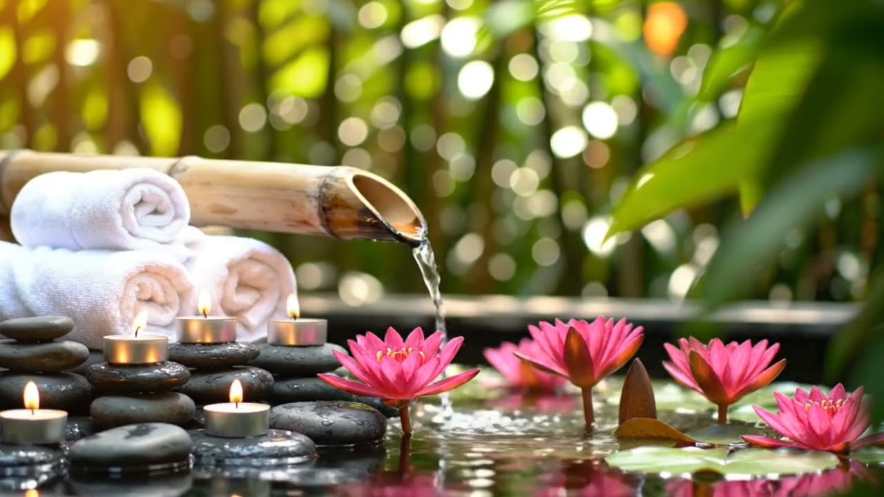 🌺 “Bamboo Fountain and Lotus Flowers | Relaxing Nature Spa Sounds 4K”