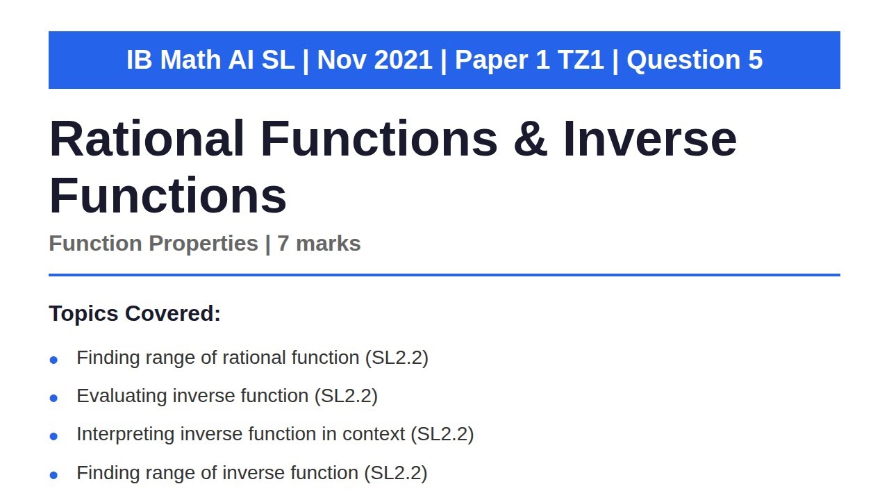 Rational Functions & Inverse Functions | IB Math AI SL | Nov 2021 Paper ...