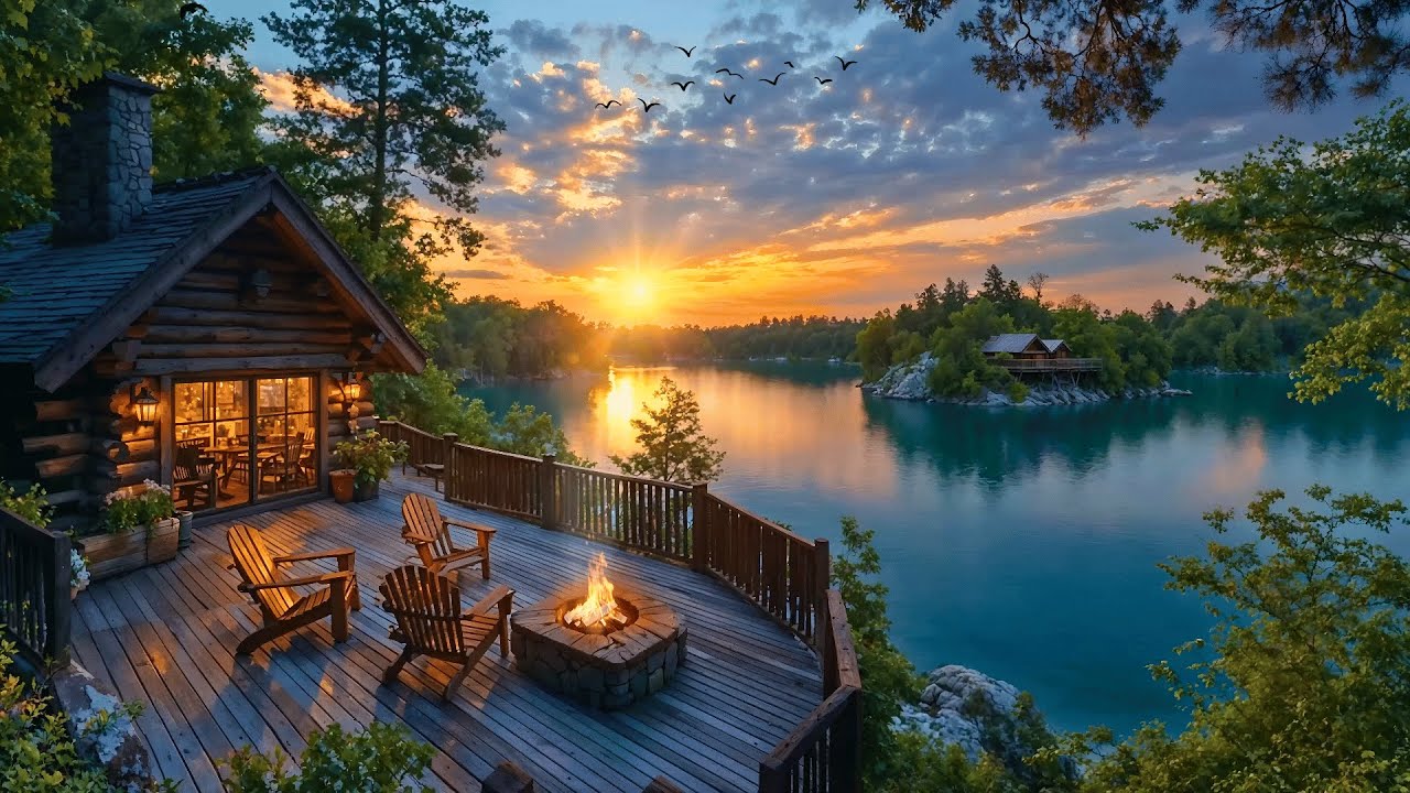 Lakeside Cabin Porch Cozy Fire pit | Cozy Ambience with Spring Nature ...