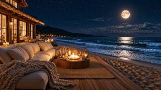 Cozy Beachfront Lounge at Night 🌙 Fireplace & Ocean Waves (4 Hours) Update