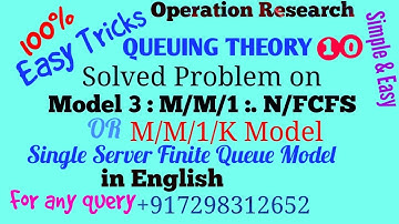 Solved Problem on M/M/1 :Finite/FCFS Queuing model| m/m/1/k Model|Single Server finite Queue English