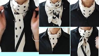 ♥黒シャツと水玉模様の【スカーフの巻き方】8アレンジ!how to wear a chic polka dot scarf with black shirt 8 ways