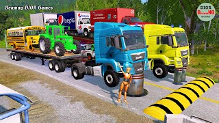 Double Flatbed Trailer Truck cars vs rails tractor vs train cars vs bollards Beamng Drive 313