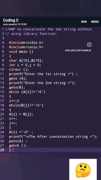 WAP to concatinate the two string without using library function in C ...