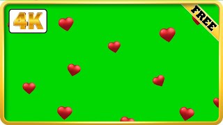 Red hearts falling green screen video loops