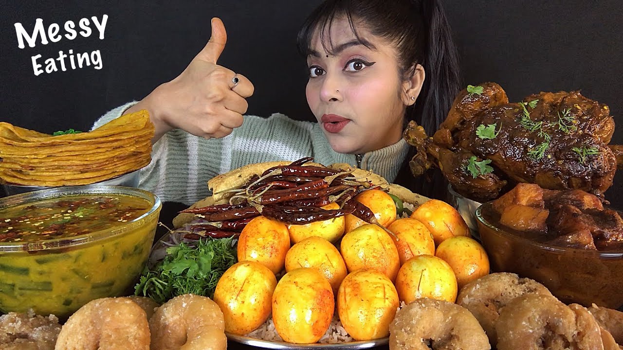 EATING VEGETABLE DAL BHAT EGG BHARTA ALOO DUM GARLIC CHICKEN BALUSAHI CHILLA PAPAD | ASMR MUKBANG