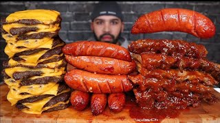 (ASMR NO TALKING) CHEESEBURGERS, RIBS, AND SAUSAGES ASMR MUKBANG