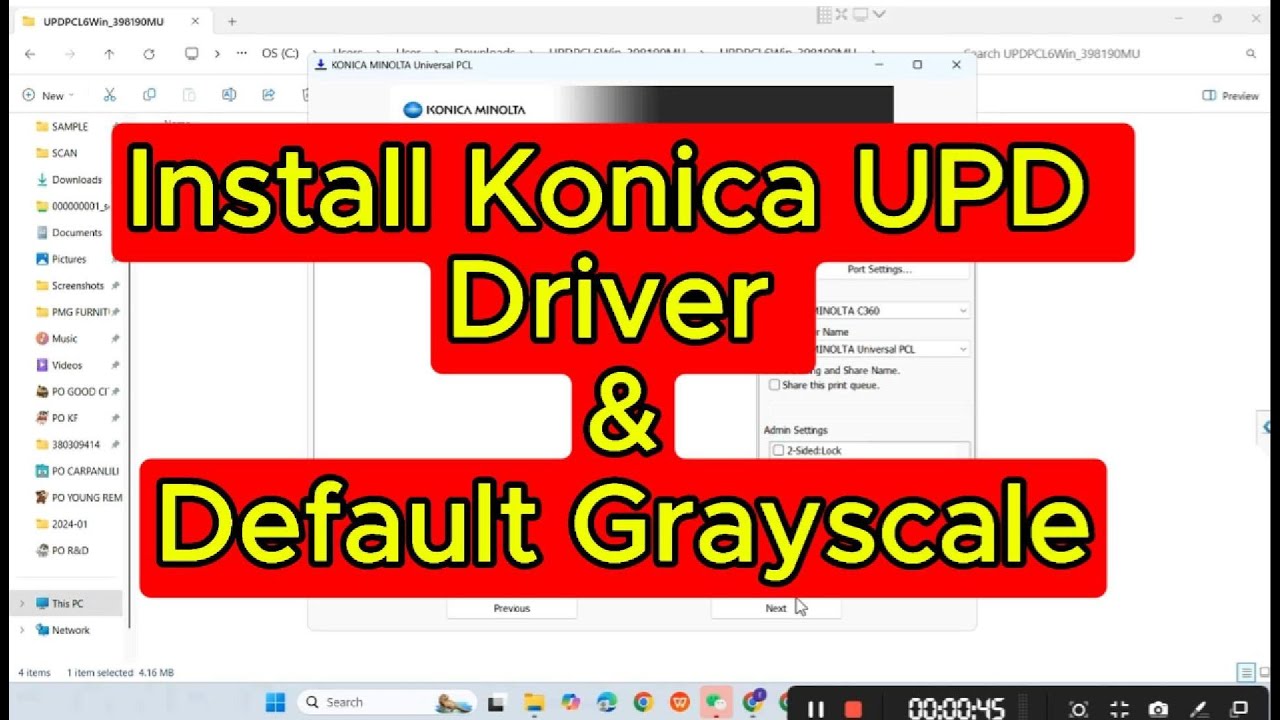 Install Konica UPD Driver & default Grayscale - YouTube