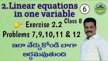 8th Class maths ch.2.Linear Euations in one Variable, Exercise 2.2, Problems 7,9,10,11&12 in telugu