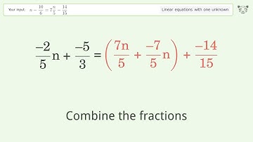 Solve n-10/6=7n/5-14/15: Linear Equation Video Solution | Tiger Algebra