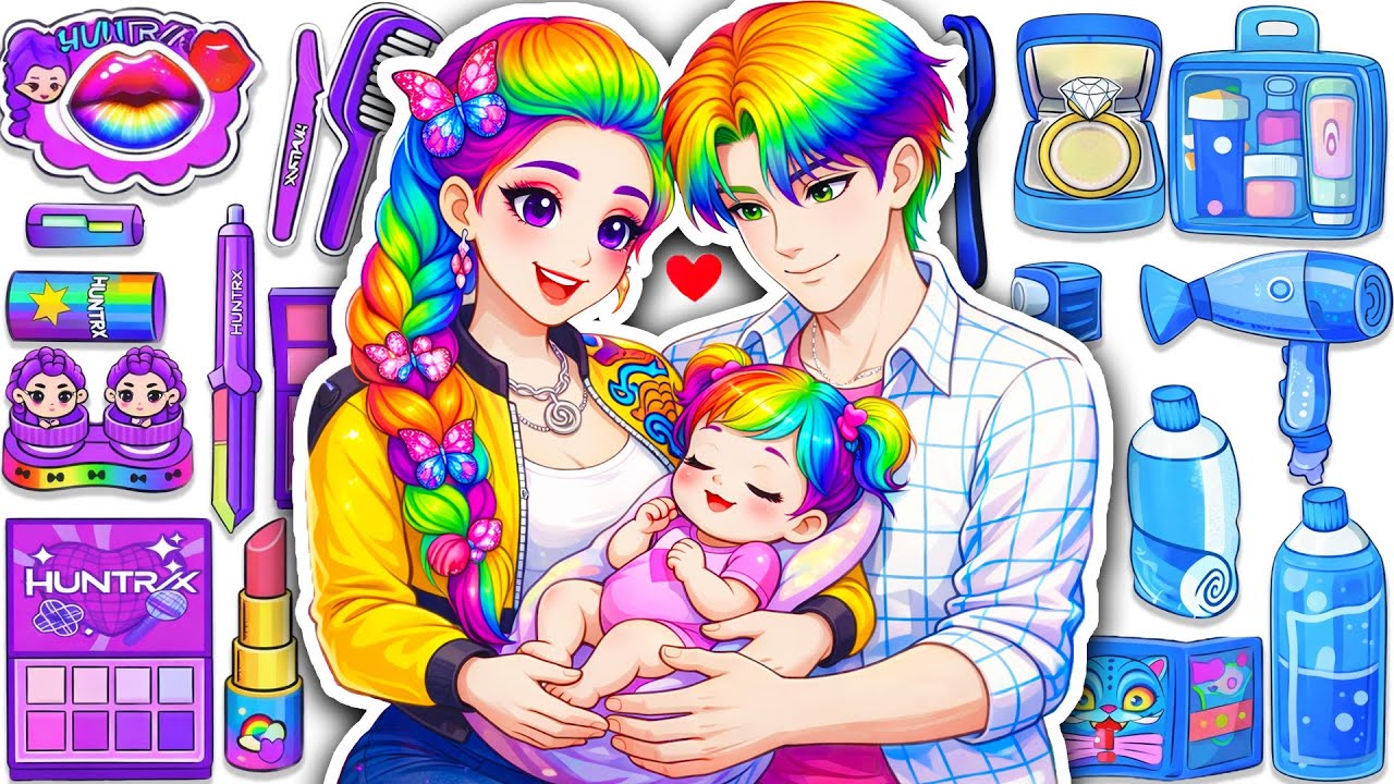 💋DIY de Papel💋 KPOP DEMON HUNTERS Rumi x Jinu Family Cabello Colorida + Maquillaje Blind Box ASMR