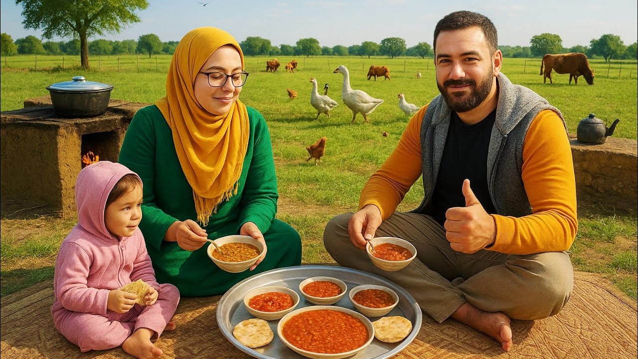 وصفات الشتاء شوربة العدس في الحلة على الكانون مع الفتة بالعيش المحمص في الفرن البلدي 