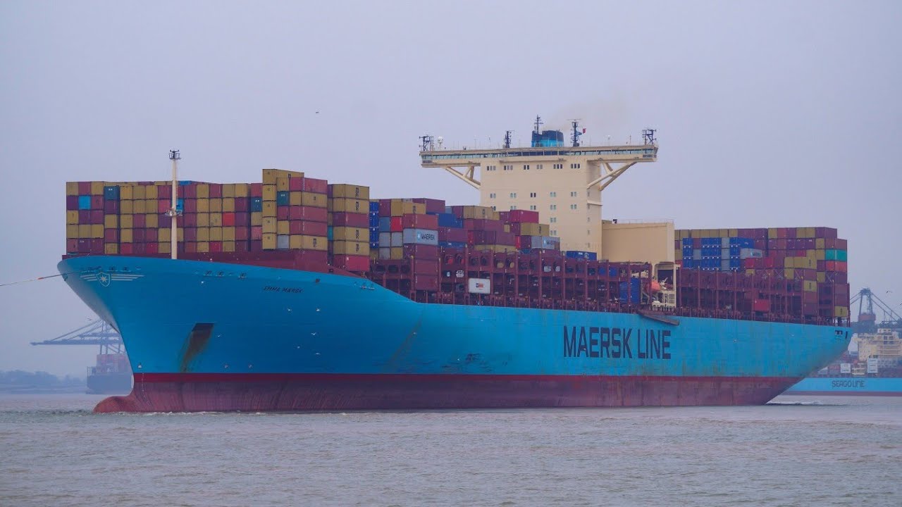 The world's biggest ship ever build - Ultra large containership EMMA MAERSK departs port of felixstowe 5/2/19