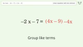 Linear equation with one unknown: Solve (2x-7)=(4x-9) step-by-step solution