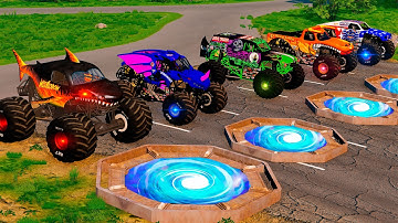 10 Monster TRUCKS vs Portal Trap - BeamNG Monster Truck Crashes