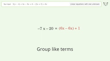 Linear equation with one unknown: Solve 5(x-4)+3x-9x=6-(2x+5)+8x step-by-step solution