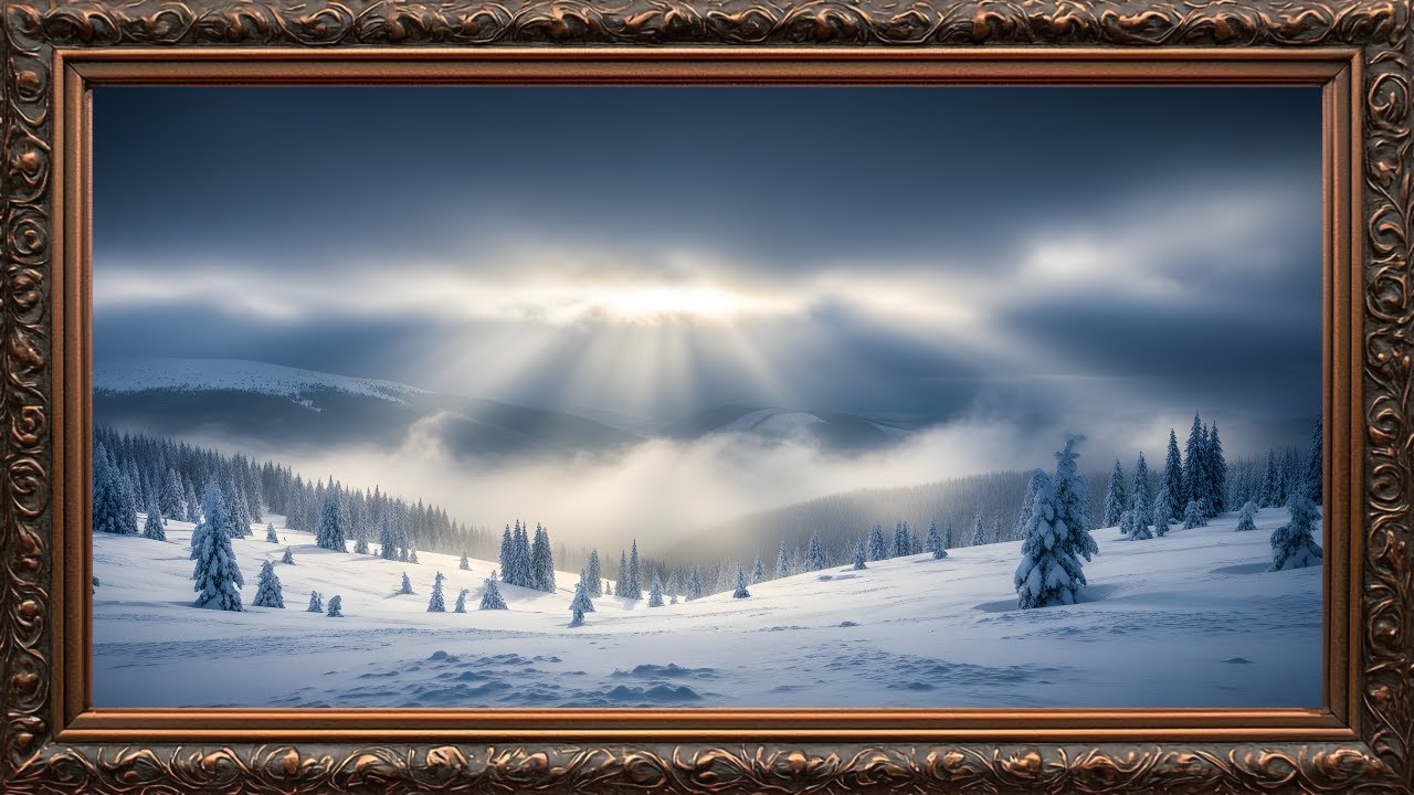 Sunlight Through Winter Clouds, Majestic Snow Mountains | Gold Framed TV Art Screensaver