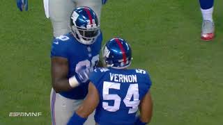 Jason Pierre-Paul makes the interception off of a tip by Olivier Vernon