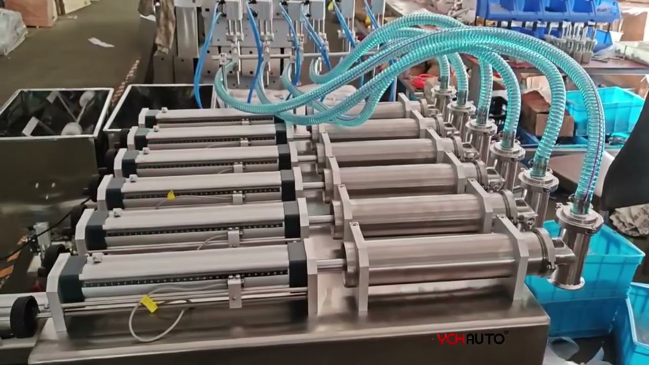 Semi automatic filling machine liquid with 6 nozzles.  Email：Sales5@ychauto.com