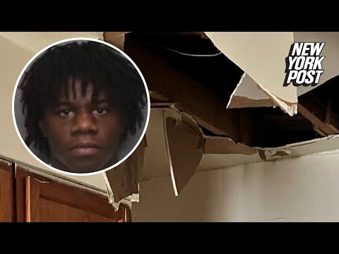 Bumbling murder suspect hiding during raid falls through ceiling and lands at feet of US Marshals