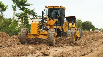 The Best Operating Team Motor Grader Pushing Ground Process & Road Roller To Build Road Foundation