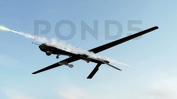 stock video: American MQ-1 Predator military drone shooting a missile mid flight