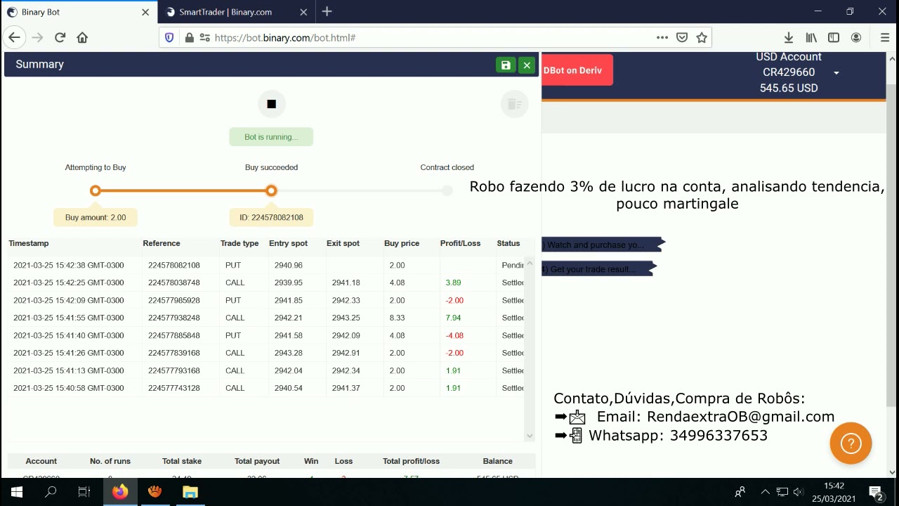 Bot Binary 3% de lucro, 17 USD, Conta real Pouco artingale