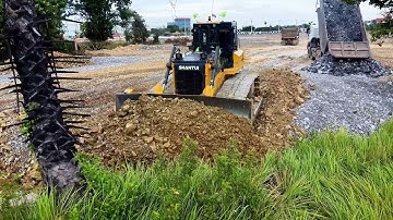 Great Landfill Task! Pushing Stones Delete Flood Area Use Shantui DH17C3 Dozer with 25T Dump Truck