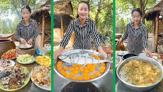 Mommy Chef Cooking | Cook egg, fish octopus pineapple soup for big pan prepared by Cooking with Sros