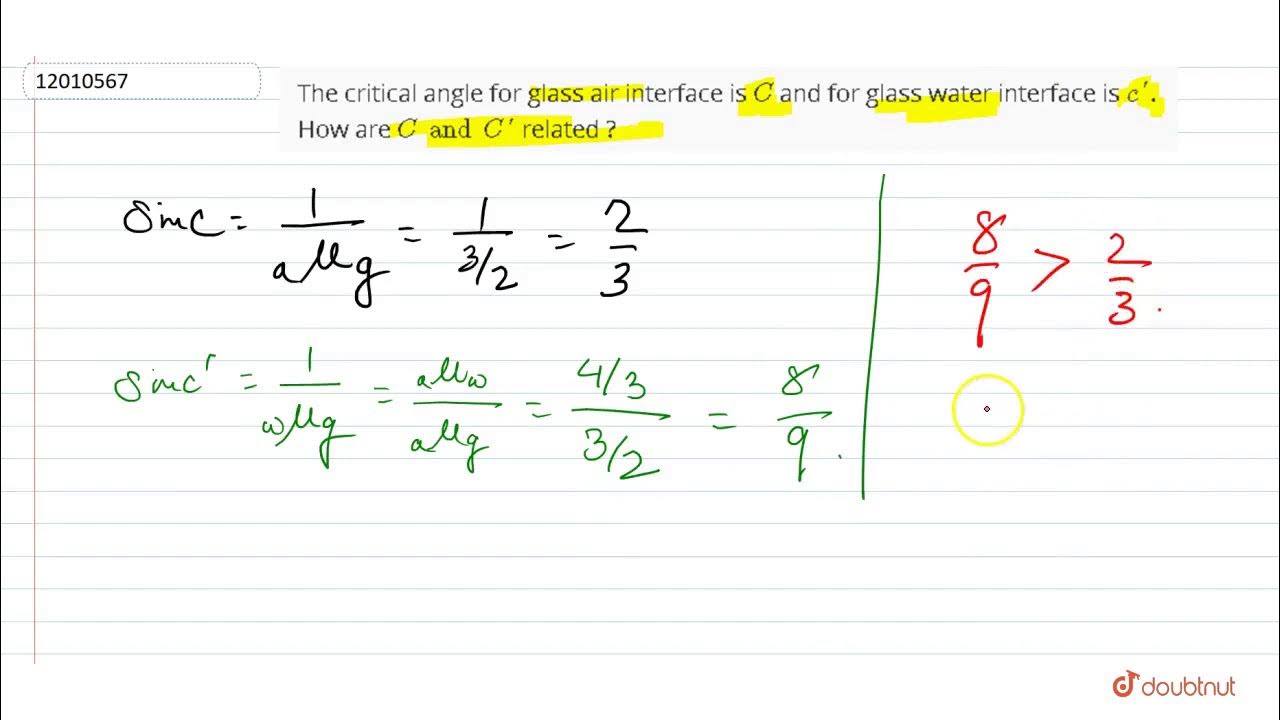 The critical angle for glass air interface is `C` and for glass water