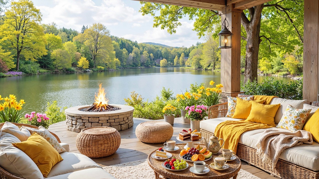 Успокаивающая фортепианная музыка и камин для учёбы 🌸 Весеннее утро на веранде у озера