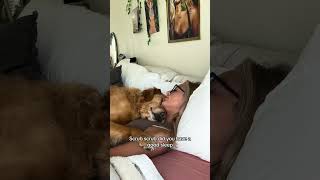 Woman shows morning cuddles with her dog