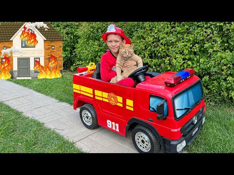 Видео: Firefighter Max rides a fire truck and helps the Cat