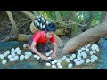 Amazing a woman found duck eggs and snail at river - steam duck eggs with snail for dogs eat