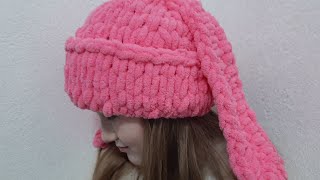 Шапка с ушками из ализе пуффи/Вяжем без спиц и крючка/Hat with bunny ears/Alize Puffy