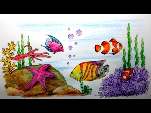 Cara menggambar pemandangan alam laut - YouTube