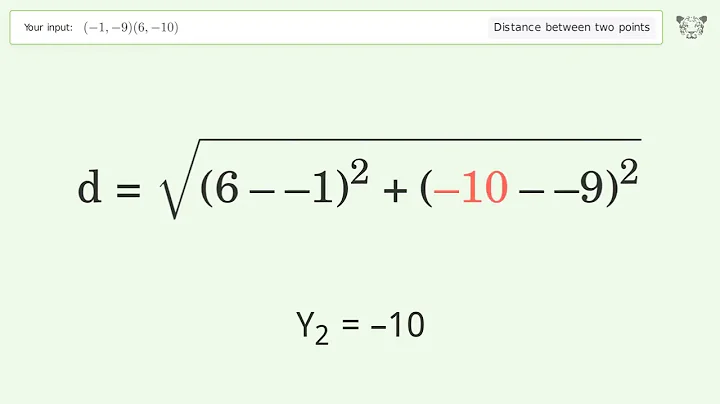 Find the distance between two points p1 (-1,-9) and p2 (6,-10): Step-by-Step Video Solution