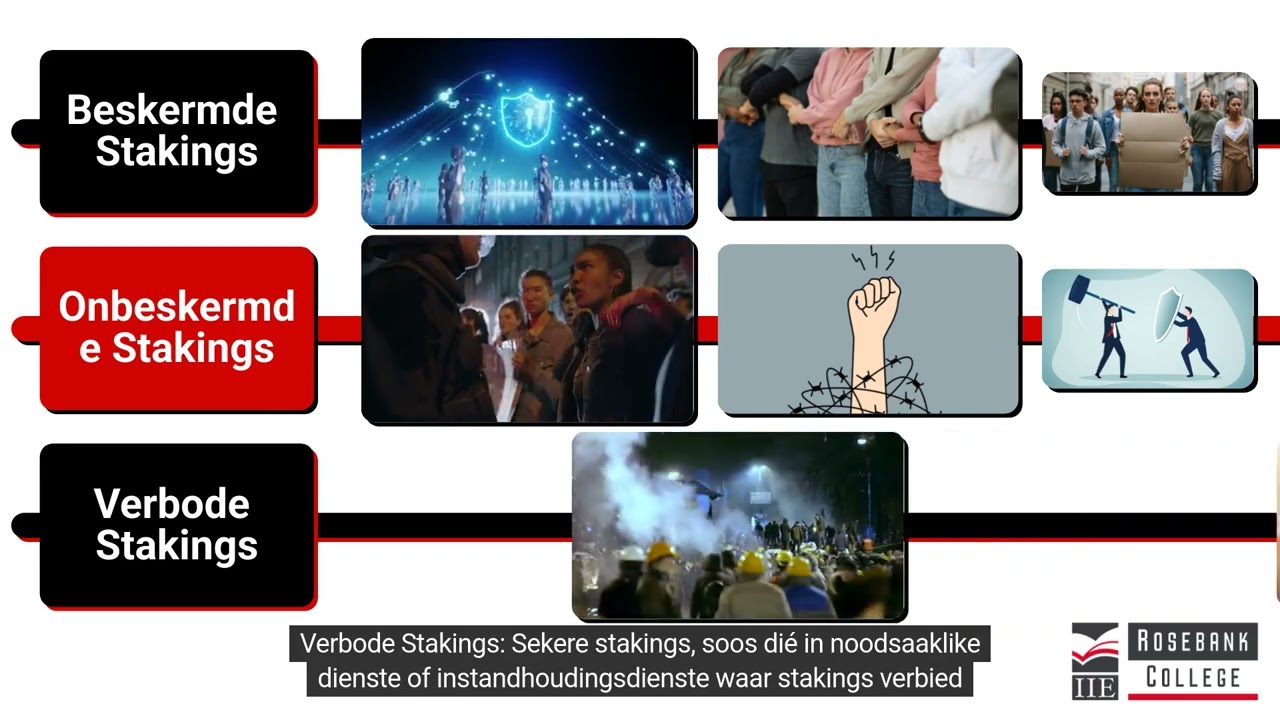 Onderskei tussen die volgende drie kategorieë van stakings soos geklassifiseer in die WRA (LU8/LO2)