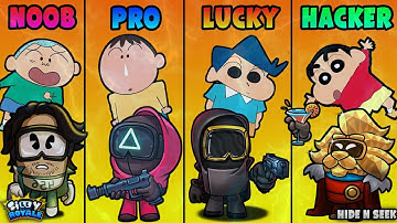 NOOB vs PRO vs LUCKY vs HACKER | in silly royale hide and seek | with shinchan and his friends 😂