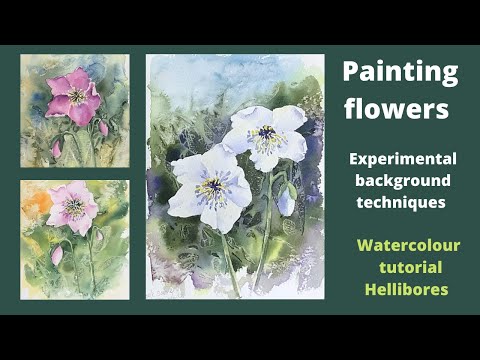 Painting flowers, experimental background techniques. Watercolour tutorial hellebores.