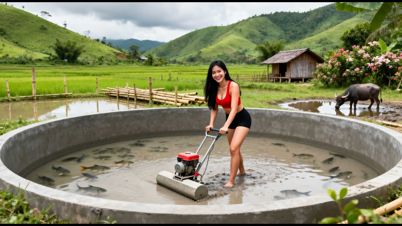 【建築DIY】完全な魚の池を作る – 池の底にコンクリートを流す | Building a Complete Fish Pond – Pouring Concrete for Fish Pond