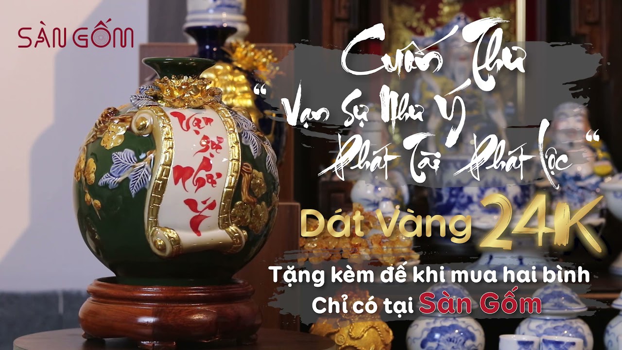Cuốn Thư Vạn Sự Như Ý - Phát Tài Phát Lộc Dát vàng - Sàn Gốm - Gốm Sứ Bát Tràng