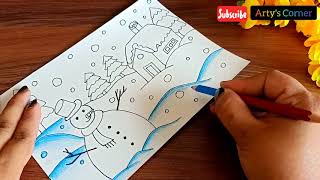 How to Draw Winter Season Scenery | Easy Winter Drawing Step by Step | How to Draw Snowfall Drawing