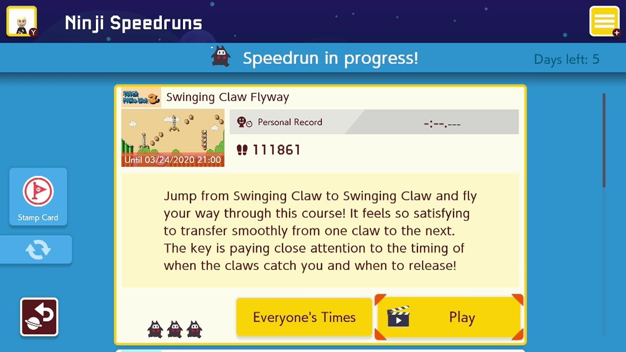 Super Mario Maker 2 Ninji Speedrun: Swinging Claw Flyway - YouTube