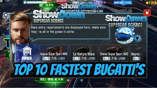 CSR2 | BUGATTI SUPERCAR SCIENCE SHOWDOWN | Top 10 Fastest Cars, Times & Tunes